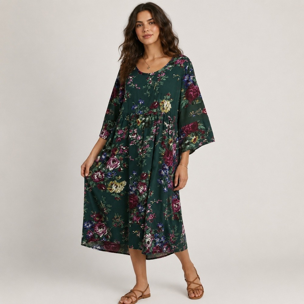 April Cornell Cottagecore Floral Empire Waist Midi Dress M Forest Fairy Green